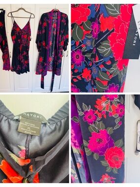 Natori Black Floral Slip Dress and Kimono Set - Pink & Red Floral